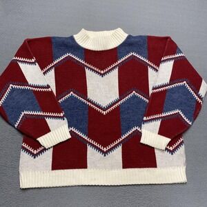 Vintage Clifton Place Sweater Mens Large Red Blue Geometric Knit Made USA 80s